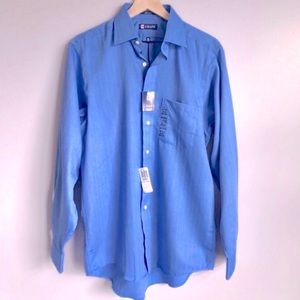 New Herringbone Textured Woven Blue Chaps Cotton Men’s Dress Shirt 15.5 34/35